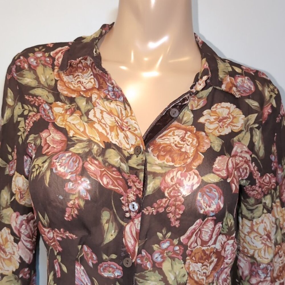 CAbi Pure Silk Top Floral Pintucked Velvet Buttoned Shirt Brown Womens Medium - Picture 3 of 14
